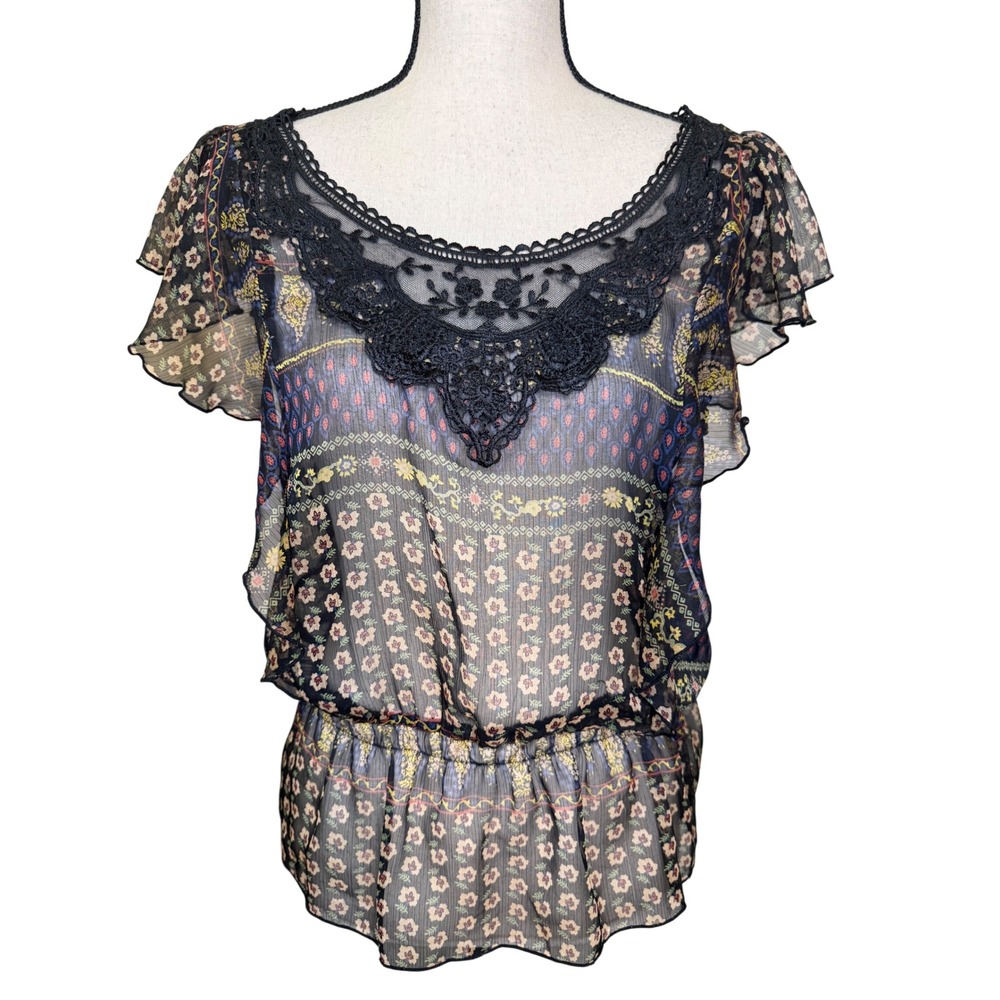 Twentyone Top Sheer Black Patchwork Embroidered Sz M Whimsigoth Fairycore Boho